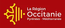 Logo de La Région Occitanie Pyrénées-Méditerranée avec symbole jaune sur fond rouge.